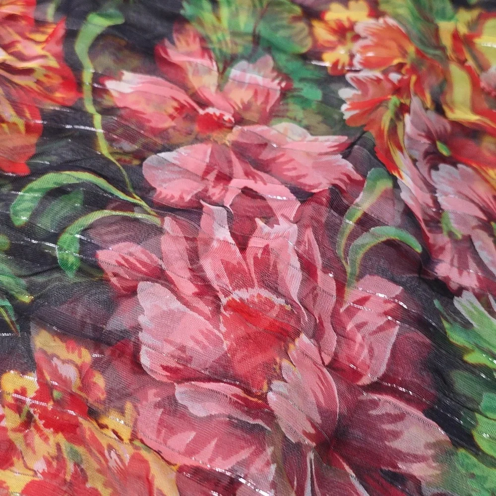 Vibrant Colorful Floral‎ Sheer Scarf Beach Wrap Silver Threads 40in EUC